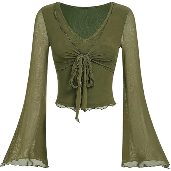 Verdusa Women's Y2k Bell Sleeve V Neck Mesh Going Out Crop Top